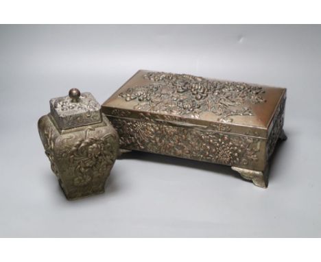 A Japanese metal casket and a tea caddy