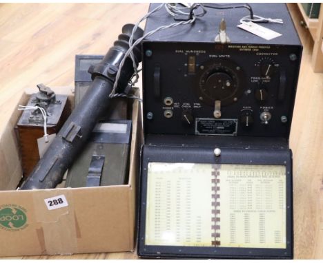 A collection of vintage military equipment, including a WWII British Tank Telescope Sight No. 33 MK III, two tank periscopes,