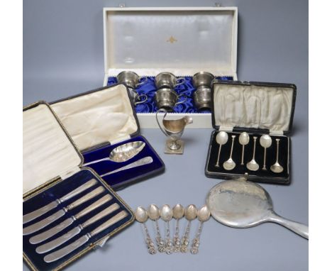 Mixed silver including cased silver cased berry spoons, cups, cream helmet, etc.