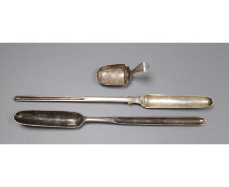 A George III silver marrow scoop, William Bateman I, London 1818, a George IV scoop, London 1824 and a George III silver cadd