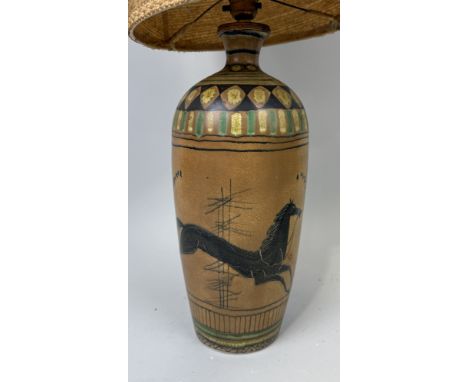 A MID CENTURY ITALIAN CERAMIC VASE DECORATED WITH A HORSE, ADAPTED FOR TABLE LAMPVase 36cm H