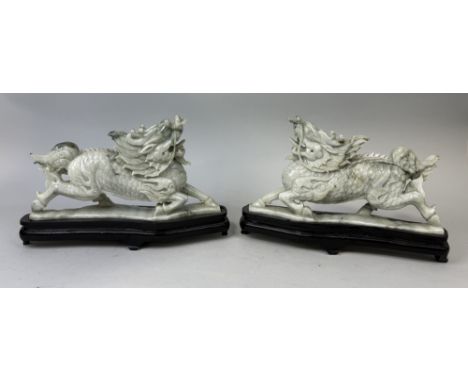 A PAIR OF CHINESE JADE DRAGONS ON STANDSDragons 36cm x 20cm each