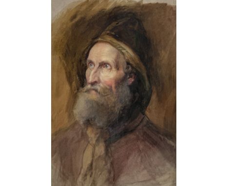 ALFRED CROWDY LOVETT C.B.E (BRITISH 1862-1919): A FINE WATERCOLOUR PAINTING ON OLD BOARD DEPICTING THE PORTRAIT OF AN ELDERLY