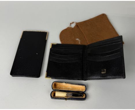 A DUNHILL BLACK LEATHER WALLET ALONG WITH AN ORLIK ROLLED GOLD MOUNTED HOLDER AND A CHINESE PIPE WITH SILVER MOUNT