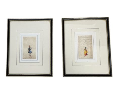 ALFRED CROWDY LOVETT C.B.E (BRITISH 1862-1919): A PAIR OF MINIATURE WATERCOLOUR PAINTINGS DEPICTING AN INDIAN WOMAN CARRYING 
