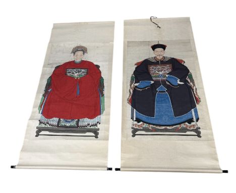 A PAIR OF CHINESE ANCESTRAL SCROLL PAINTINGSThe paintings probably late Qing dynasty.Painting 145cm x 80cmScroll 220cm x 90cm