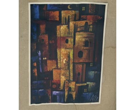 AN ABSTRACT PAINTING ON PAPER DEPICTING HOUSES30cm x 19cmFramed in frame that previously held a John Constable (label to vers