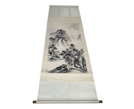 AFTER DONG QICHANG (1555-1636): A SCROLL PAINTING DEPICTING A LANDSCAPE SCENE WITH MOUNTAINS138cm x 68cmScroll 257cm x 92cmVa