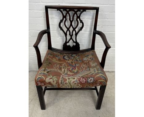 A CHIPPENDALE STYLE ARMCHAIR WITH NEEDLEPOINT UPHOLSTERED SEAT91cm x 51cm x 47cm