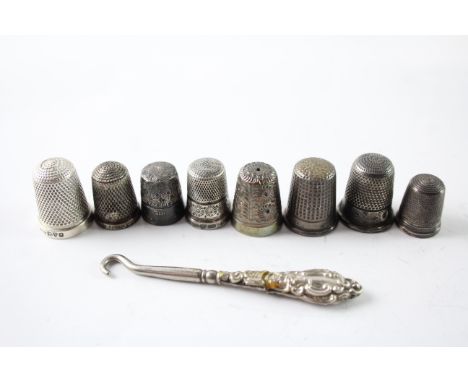 NINE 925 STERLING SILVER THIMBLES AND BUTTON HOOK INCLUDING CHARLES HORNERWeight: 39gms