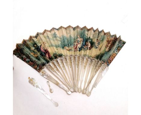 Antique fan with hand painted scene of cupid with mother of pearl stays - a/f but painting in good bright condition 