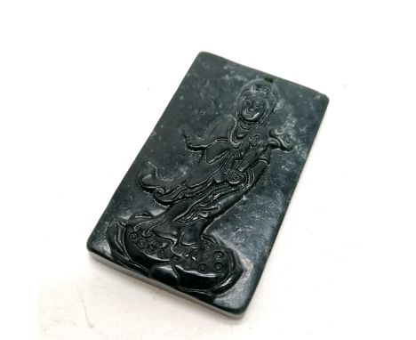 Rectangular hardstone / jade panel pendant depicting Guan yin - 5cm drop 