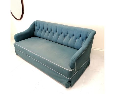 Small antique blue upholstered button back sofa 150cm wide x 66cm high x 70cm deep 