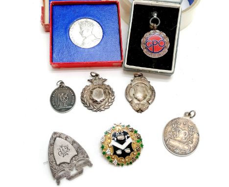 1937 George VI coronation medal in box, GPO rifle club, silver gilt &amp; enamel brewery brooch / medallion, fobs etc 