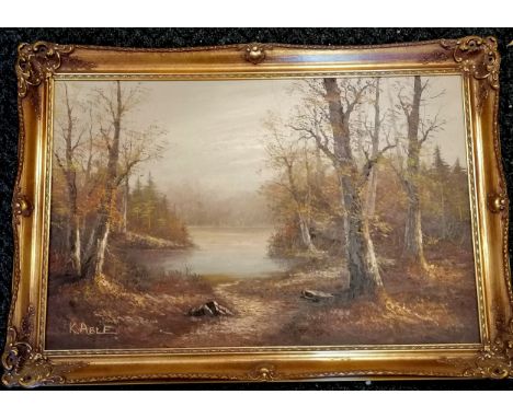 Large framed oil on canvas painting of a woodland scene by Australian artist K Able (b.1955) - 105cm x 75cm 