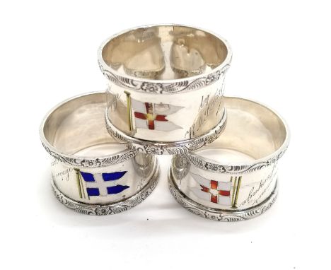 3 x silver napkin rings with souvenir of voyage nautical flag decoration from RMS Appam, Tarquah &amp; Falaba - total weight 