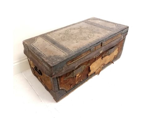 Antique leather studded covered trunk with label to inside of lid John Viney &amp; Son - 99cm x 51cm x 43cm ~ leather a/f 