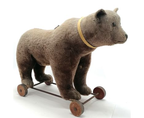 Antique Steiff brown bear on metal framed wooden wheels and small black button to ear &amp; working growler ~ losses to plush