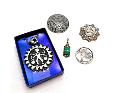David Andersen 830 silver brooch, SJC celtic brooch, Deco silver green stone pendant, pewter R Tennesmed pendant (45mm diamet