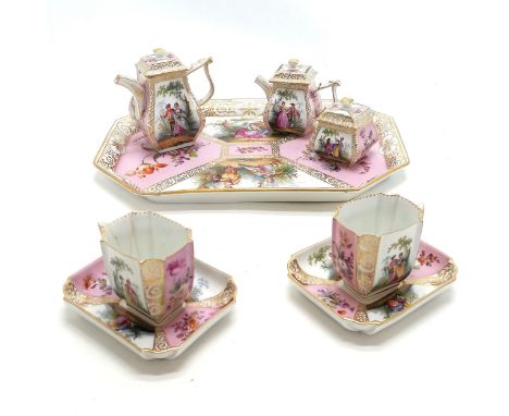 Dresden porcelain cabaret tea / coffee set - tray 35cm x 24cm ~ 1 cup a/f &amp; milk jug lid broken &amp; teapot has piece ou