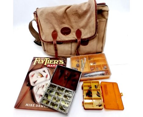 Bob Church &amp; Co canvas trout fishing bag with 3 boxes of trout flies t/w 1989 book The flytier's manual by Mike Dawes 