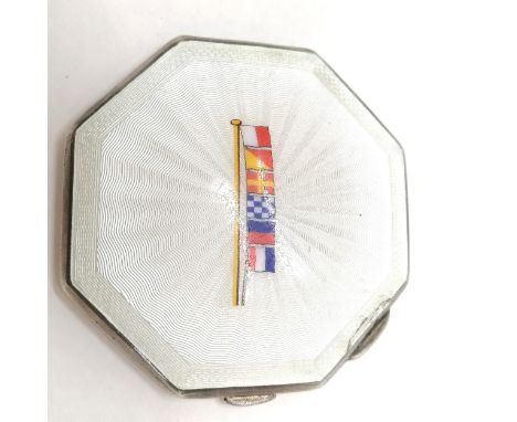 1956 silver dated octagonal compact with guilloche enamel and HMS Hornet enamel flag detail - 7.5cm across &amp; total weight