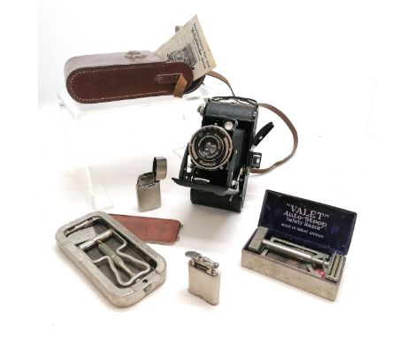 2 x vintage cased razors, Ronson &amp; Polo lighter t/w Voigtlander Bessa camera in case &amp; with original booklet 