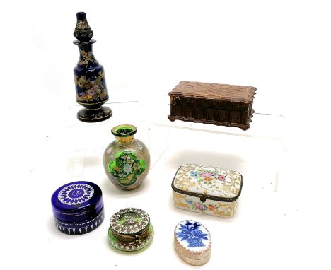 4 x Antique glass items with enamel decoration (tall scent bottle has stopper glued otherwise in good condition) t/w Limoges 