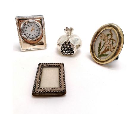 2 x small silver fronted picture frames (smallest 6.5cm x 4.5cm) - both a/f, silver framed quartz clock by R Carr t/w novelty
