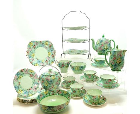 Shelley Melody green chintz tea set including 3 tier cake stand, cake plate, teapot, water jug, milk &amp; sugar bowl, 6 side