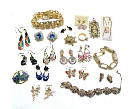 Qty of costume jewellery inc enamel earrings, brooches etc t/w qty of damascene inc turtle brooch, clam bracelet etc - SOLD O