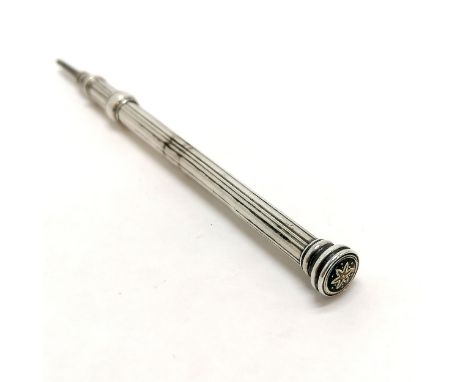 Unmarked silver propelling pencil by G Riddle with enamel finial - extended length 11cm ~ slight losses to enamel &amp; has s