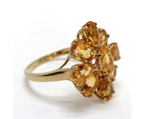 9ct hallmarked gold citrine stone set cluster ring - size O &amp; 2.9g total weight 