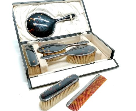 Antique silver &amp; tortoiseshell 6 piece dressing table set inc hand mirror (25cm), brushes &amp; comb by Levi &amp; Salama