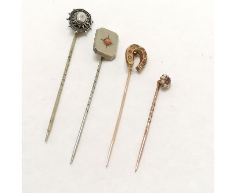 Antique unmarked gold ruby / pearl stick pin (1.1g in original box) t/w 3 other stick pins (1 with a foreign gold marked pin 