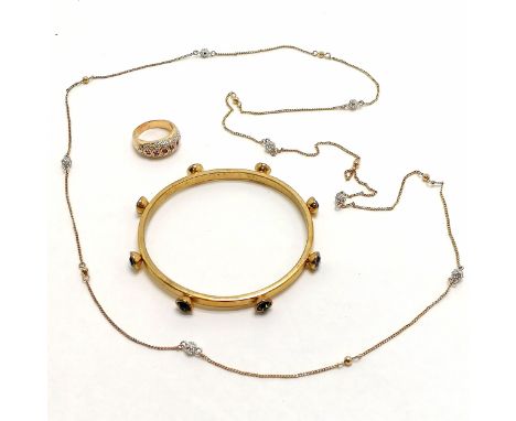Fiorelli bangle, ruby &amp; white stone set unmarked ring, long chain with stone set bead detail 