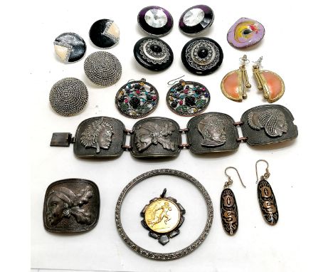 Meab Ireland enamel brooch, unusual ethnic head bracelet / brooch (4cm x 4.5cm), large earrings etc 