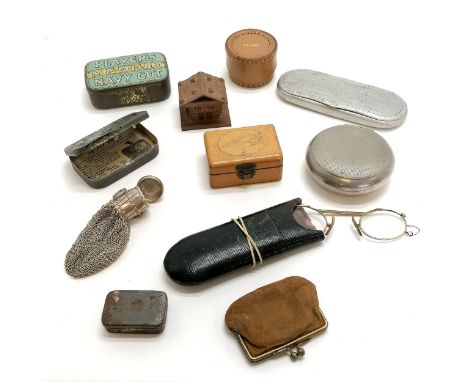 Qty of oddments inc antique money box, circular tobacco Emu brand pocket box, spectacles (1 in aluminium case) etc 