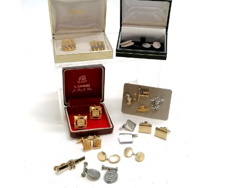 Qty of mostly cufflinks inc silver pair by L&amp;N, RNAS tie pin, seahorse &amp; zebra &amp; flag tie pins etc 