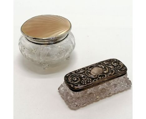 2 x silver topped jars - largest guilloche enamel (8cm diameter - has chip to inside of 1 foot) - both in used condition 