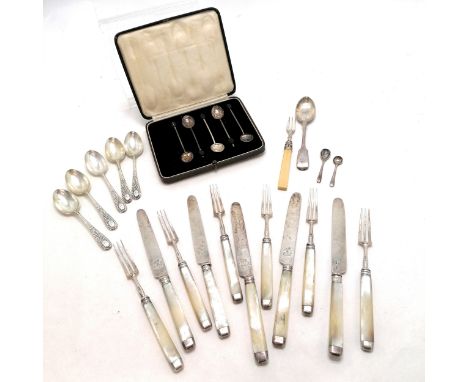 Qty of silver cutlery inc 11 x silver &amp; mother of pearl handled knives and forks, 5 x 1901/02/03 dated rifle club spoons 