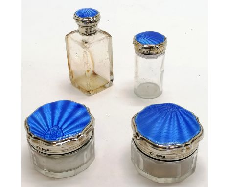 4 x silver &amp; blue guilloche enamel toilet jars - tallest 9cm ~ lid to smallest no obvious damage but sits loose on a late