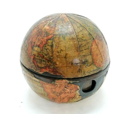 Unusual antique globe of the world travelling inkwell with pen wipe with original glass liner - 5cm diameter ~ lacks button &