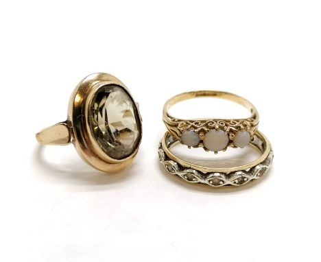 3 x 9ct gold rings - eternity (size Q), citrine stone set (size M), 3 stone opal (size N)- 8.5g total weight 