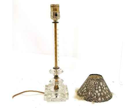 Glass candle lamp base with silver plated and silk shade - total height 38cm 