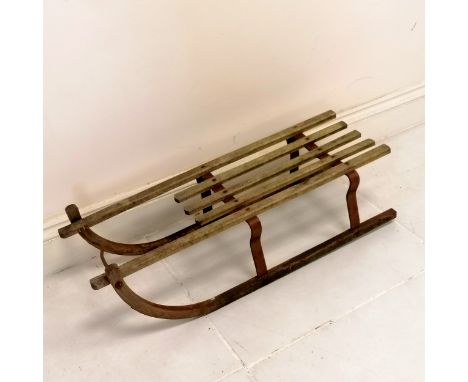 Vintage Davos (Germany) wooden sleigh / toboggan with metal runners - 84cm long 
