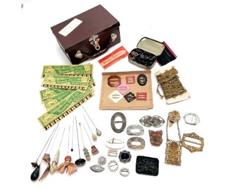Vintage tin mini suitcase containing unused Neweys safety loops on cards, Singer needle threader, antique chatelaine clip, bu