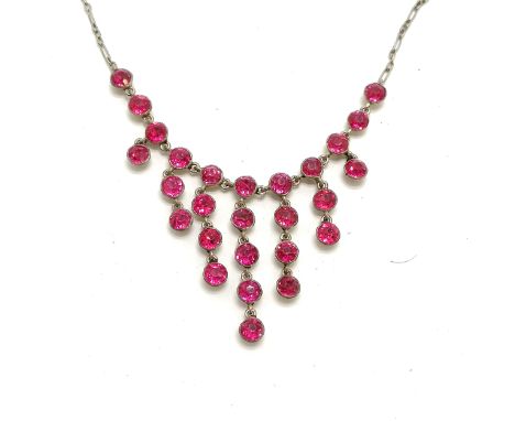 Vintage unmarked silver pink paste necklace - 36cm long 