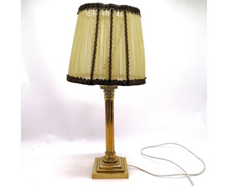 Brass corinthian column lamp (weighted base) with silk shade - total height 67cm 
