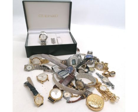 Qty of gents / ladies quartz &amp; mechanical wristwatches inc Fossil (runs), Seiko, boxed Guepard with mother of pearl dial,